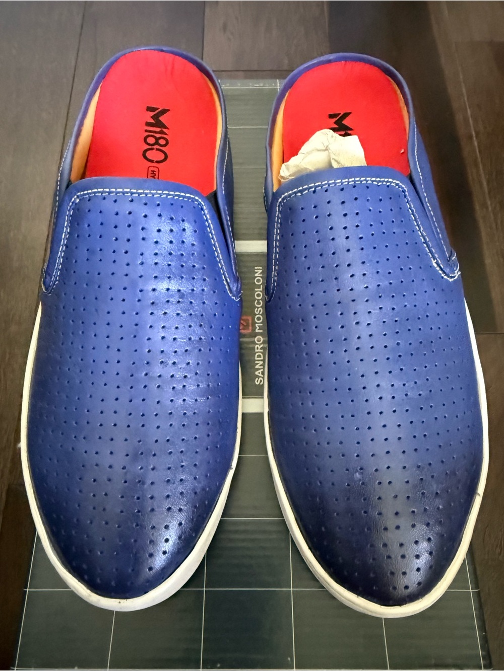 Sandro Moscoloni Perforated Blue Slip-On Sneakers with Red Insole